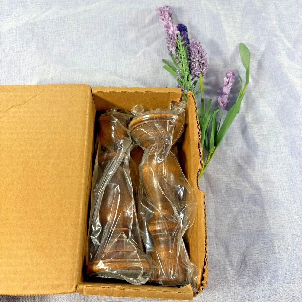 Vintage (NIB) Solid Brass and Spun Wood Candlestick Holder 7” Set of 2 Rustic